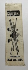 Antique Pioneer Volunteer Fire Dept Ribbon Badge May 22 1854 Graphic Silk 8”Y214 picture
