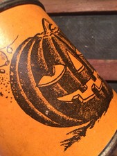 Vintage Halloween Tin Noisemaker Wooden Handle Plunger Pumpkin Black Cat Bat picture