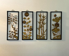 Vintage Mid Century Brass Metal Asian Wall Art Panels - 4 Seasons Set of 4 picture
