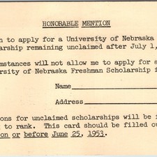 1953 University of Nebraska Freshman Scholarship Application Postcard Form Vtg picture