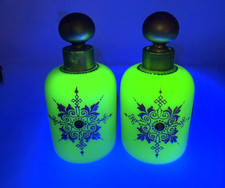 Antique Pair French Green Uranium Opaline Perfume Bottles w/Gilt Decorations picture
