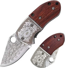 Wood Handle Damascus Etched Mini Folding Chubby Pocket Knife+ knife holder picture