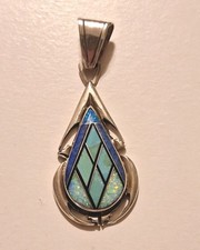Vintage Navajo P Sanchez Sterling Silver Inlay Pendant Turquoise Lapis Zuli Opal picture