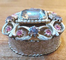 Vintage Pink Jeweled Florenza Vanity Trinket Ring Box Purple Pink Rhinestones picture