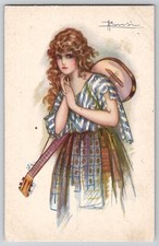 Bohemian Pretty Lady Guitar Glamour Adolfo Busi 497-5 Art Deco Postcard 1920s picture