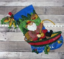Vintage Completed Bucilla 18” Christmas Stocking “Fishing Santa” #86193 Felted picture