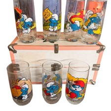 Vintage 1982 Smurfs Collector Glasses Set of 7 Wallace Berrie Papa Smurfette picture