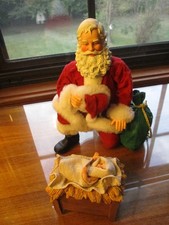 Vintage P. D.L. Santa Kneeling Before Baby Jesus Detailed. 8in. Real Fabric picture