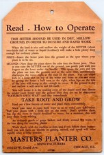 1899-1910 ERA MASTERS PLANTER CO CHICAGO LARGE PLANT SETTER TAG USE INSTRUCTIONS picture