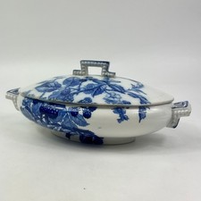 Antique BWM Pomona Flow Blue Covered Vegetable Tureen England 1850s Oval Handled picture