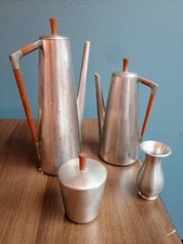 Vintage Royal Holland Pewter Teak Coffee Tea Set 4pc KMD Daalderop Dick Simonis picture