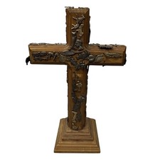 Handcrafted Wooden Milagros Cross Metal Religious Charms Pedestal Base 12