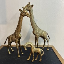 3 VTG Solid Brass Giraffe Family Figurines W/Engraved Patterned Body HEAVY Baby picture