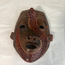 Vtg Hand made clay primitive Mask with a red speckled snake around onto the face picture
