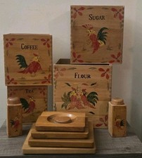 Vintage Japan Wooden Rooster Canister Set Coffee Tea Sugar Flour Shakers MCM picture