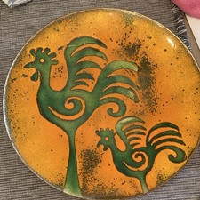 Vintage Enamel And Copper 10 Inch Bowl, Green And Orange￼ Mid-Century Roosters picture