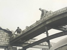 Vtg B&W Snapshot Phot steel bridge Dec 1945 masonry bricklaying labor industry picture