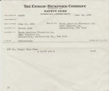 Vintage 1950 Ensign - Bickford Safety Fuse Simsbury, CT  Invoice Fireworks picture