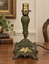 Vintage Ornate Green Onyx Cast Metal Table Lamp Rococo Floral Verdigras 11” picture