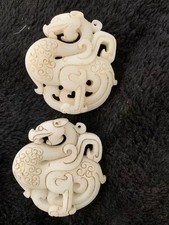 2Pcs Rare Chinese White Nephrite Jade Hand Carved *Dragon* 2Faces Pendants picture