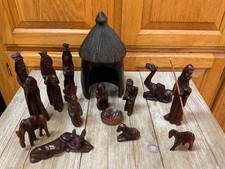 Vintage 14 Piece West African Nativity Scene Handcrafted From Teak Wood Ghana picture