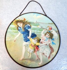 Victorian Flue Cover w/3 Young Girls At The Beach Girls Litho'd Print Late 1800s picture