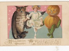 vintage EMBOSSED HALLOWEEN  GIRL with OWL & JOL MAN JOHN WINCH 1913 SCHMUCKER picture