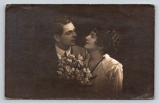 Vintage RPPC Real Photo Postcard Romantic Couple Portrait Flowers 1910s 1920s picture