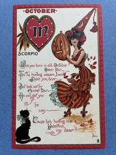 Vtg Tuck 128 Zodiac Postcard A/S Dwig October Scorpio Halloween Cat Witch UNUSED picture