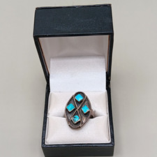 Vintage Native American Zuni Silver Sterling Diamond Turquoise Inlay Ring 5 3/4 picture