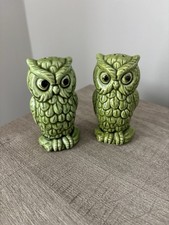 Vintage Japan Green Owl Salt & Pepper Shakers 3.5” Ceramic Avocado MCM picture