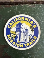 Vintage c1950s Decal California's Mission Trails Church Palm Trees 3.5
