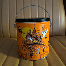 Vintage 1982 Halloween Orange Tin Bucket Pail w/ Lid Haunted House Witches Bats picture