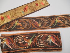 Antique Victorian Embroidered silk trim Bird of Paradise Motif 4 pc picture