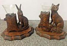 ANTIQUE BLACK FOREST SWISS WOOD CARVED PAIR FOX-RABBIT W/ EPERGNE-GLASS VASES picture