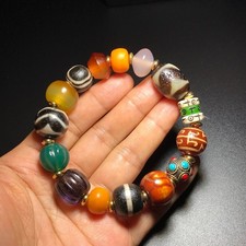 Handmade Old Agate Dzi Beads Bracelet Amulet Hand String Elastic Rope 14×19mm picture