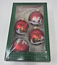 4 Vtg Holiday Time Red Glass Ball Christmas Ornaments in Original Box (NOS) Deer picture