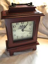 Wood Mantle Clock Rustic Red Small Battery Power Top Handle 7”  picture