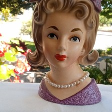 Vintage 1950s Lady Head Ceramic Planter Purple Hat Pearl Necklace Relpo Read picture