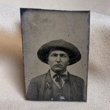 Antique Tintype 1850s to 1870s Man Intense Eyes Striped Suit Lapel Pin picture
