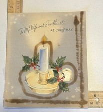 STUNNING 1947 Vintage Christmas Card To My Wife 3D Satin Candle Holly Used picture