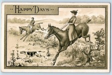 c1910's Happy Days Cowboy Cowgirl Dog Hunting Embossed Antique Unposted Postcard picture