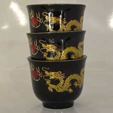 Chinese Shihou Vintage Porcelain Dragon Teacups - Set Of 3 Black Gold Eggshell picture