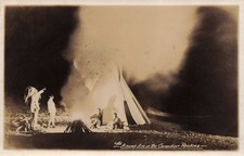 RPPC Indian Chief Campfire at Night Canadian Rockies Teepee Real Photo Postcard picture