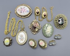 Vintage Faux Flower Cameo Jewelry Lot Necklaces Earrings Brooches Multi Color picture