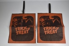 2 Vintage Trick Or Treat Bags Halloween Candy Holders Straps Black Orange Retro picture