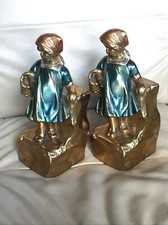 Cold Painted Bronze Armor Farmerette Book Ends c 1925 Girl w Basket & Blue Dress picture