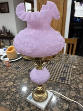 VINTAGE FENTON LAVENDER SATIN POPPY  MARBLE BASE STUDENT LAMP RARE picture