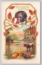 Postcard Thanksgiving Greetings, Turkey, Farm Scene, Harvest A13976 picture