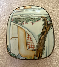Vintage Chinese Hand Painted Porcelain Shard Top Silver Tone Jewelry Box picture
